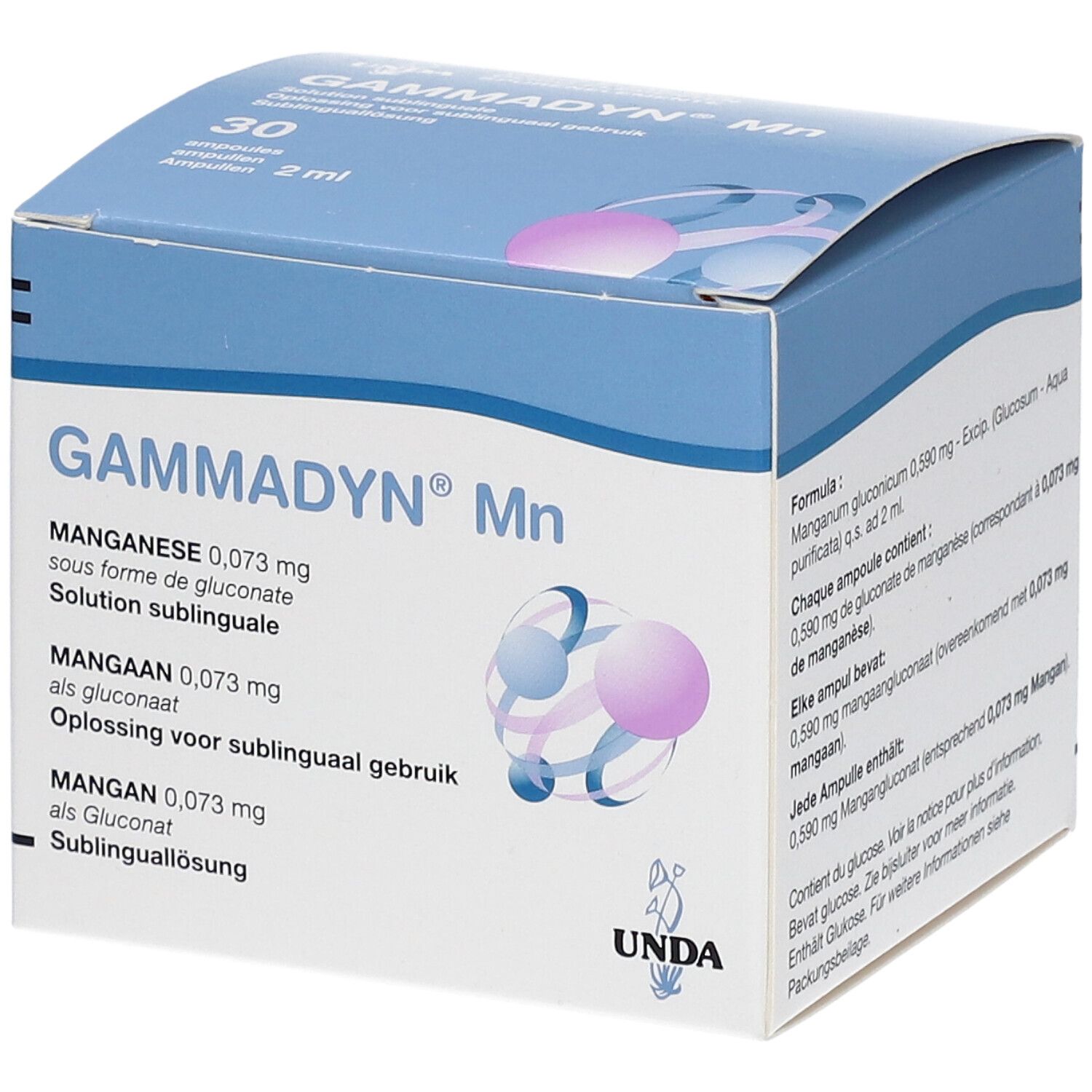 Boîte en carton avec nom du produit et informations. Contient 30 ampoules. Marque UNDA.