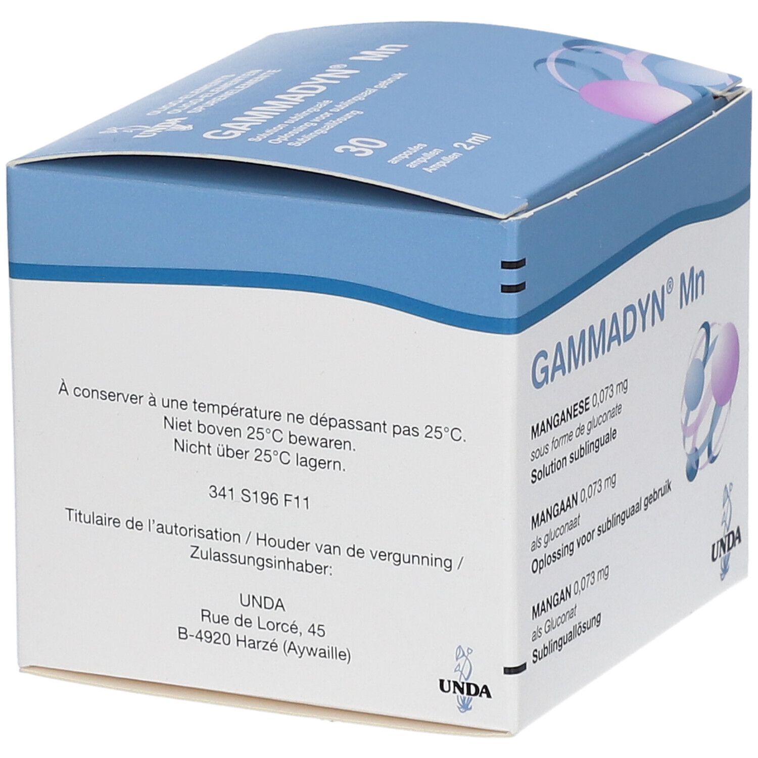 Boîte en carton avec nom du produit et informations. Marque UNDA. Contient des informations de stockage.