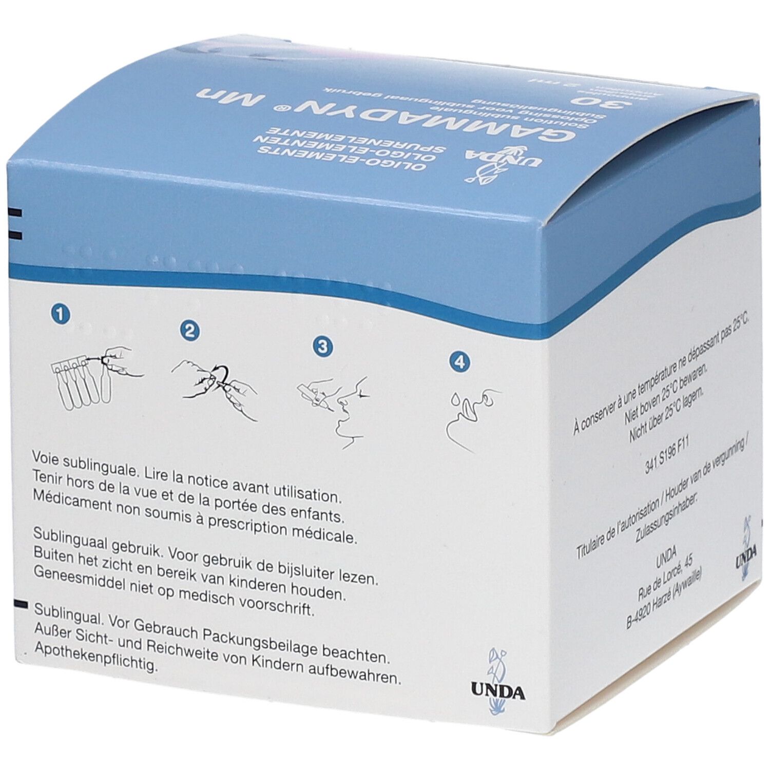 Dos de la boîte en carton avec nom du produit. Contient des instructions d'utilisation et des avertissements.