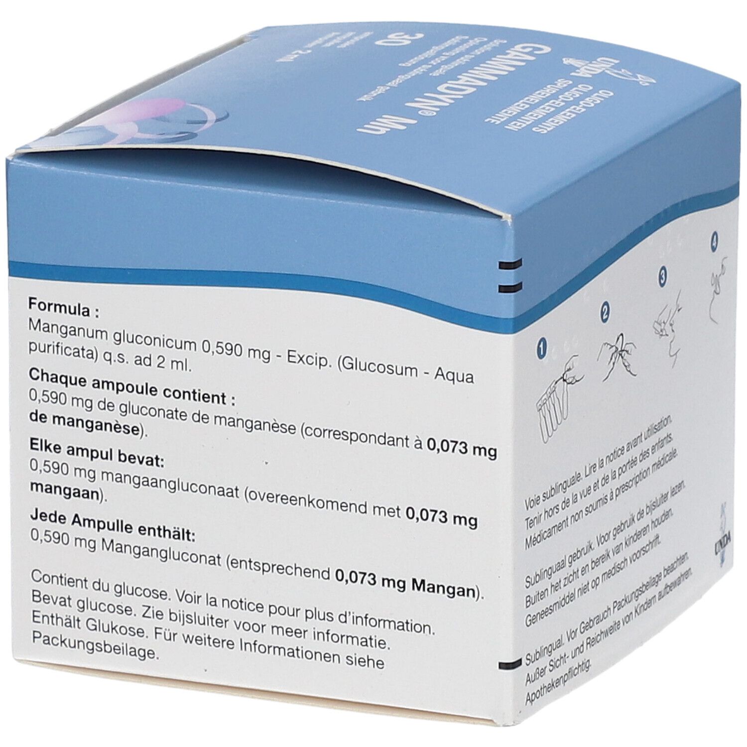 Boîte en carton avec nom du produit et informations. Contient des informations sur la composition.