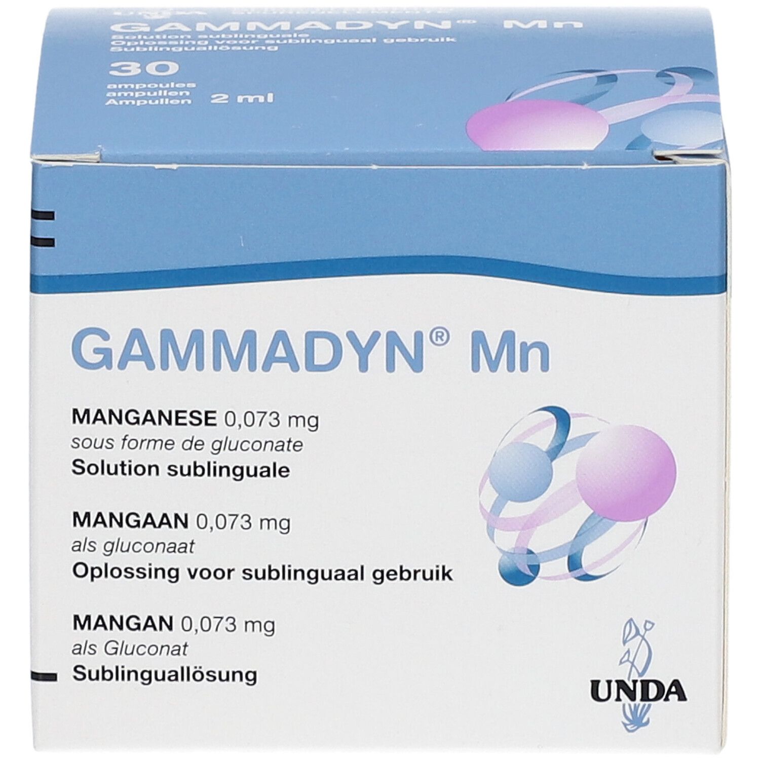 Boîte en carton avec nom du produit et informations. Contient 30 ampoules. Marque UNDA.