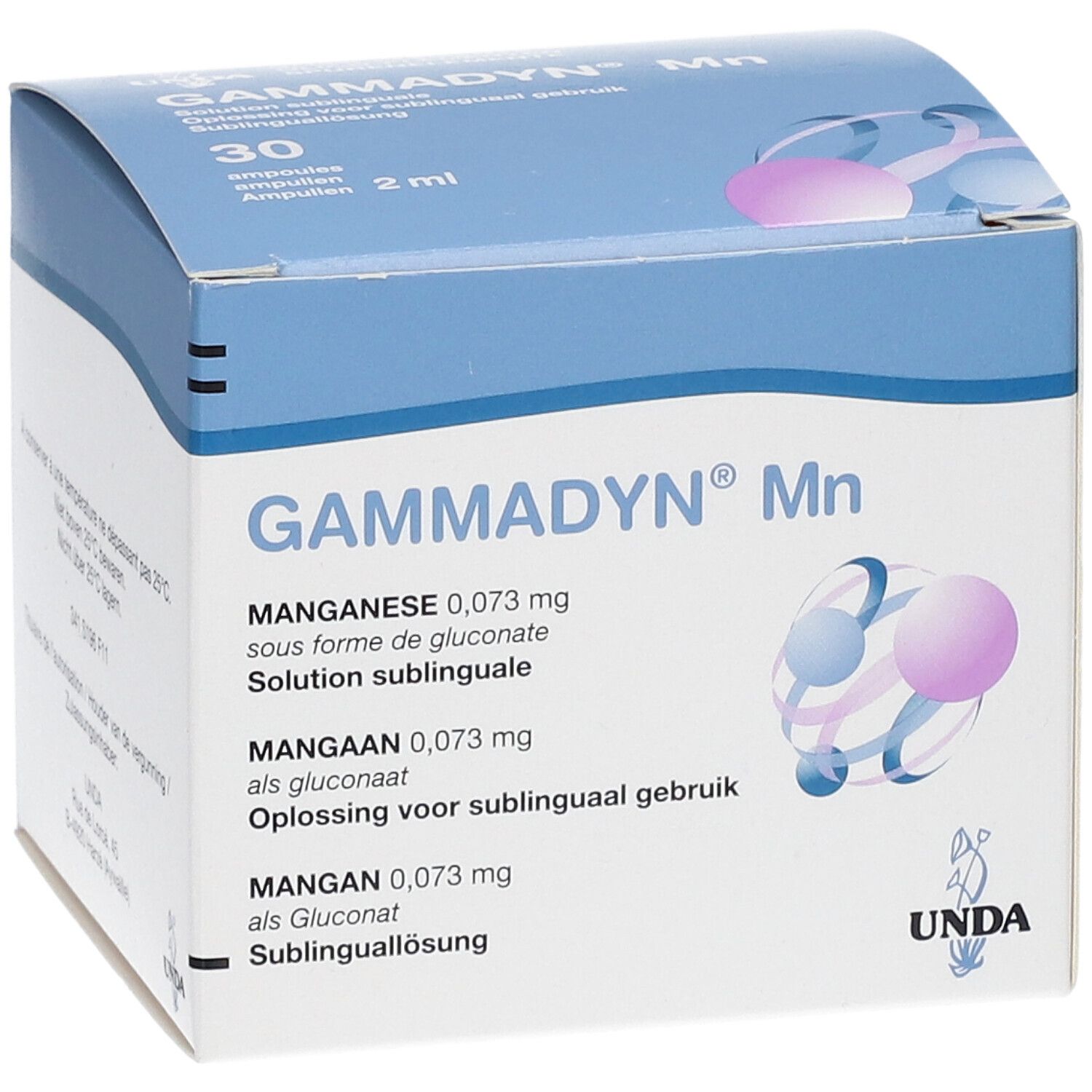 Boîte en carton avec nom du produit et informations. Marque UNDA. Contient 30 ampoules.