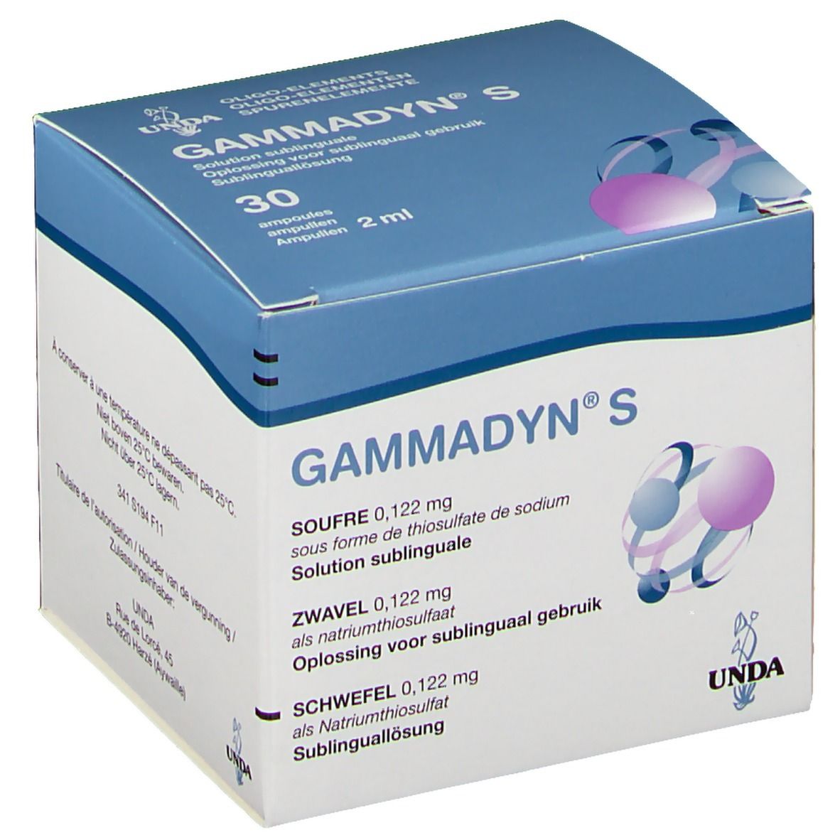 Boîte "Gammadyn S". 30 ampoules de 2 ml. Emballage bleu et blanc avec informations produit multilingues.