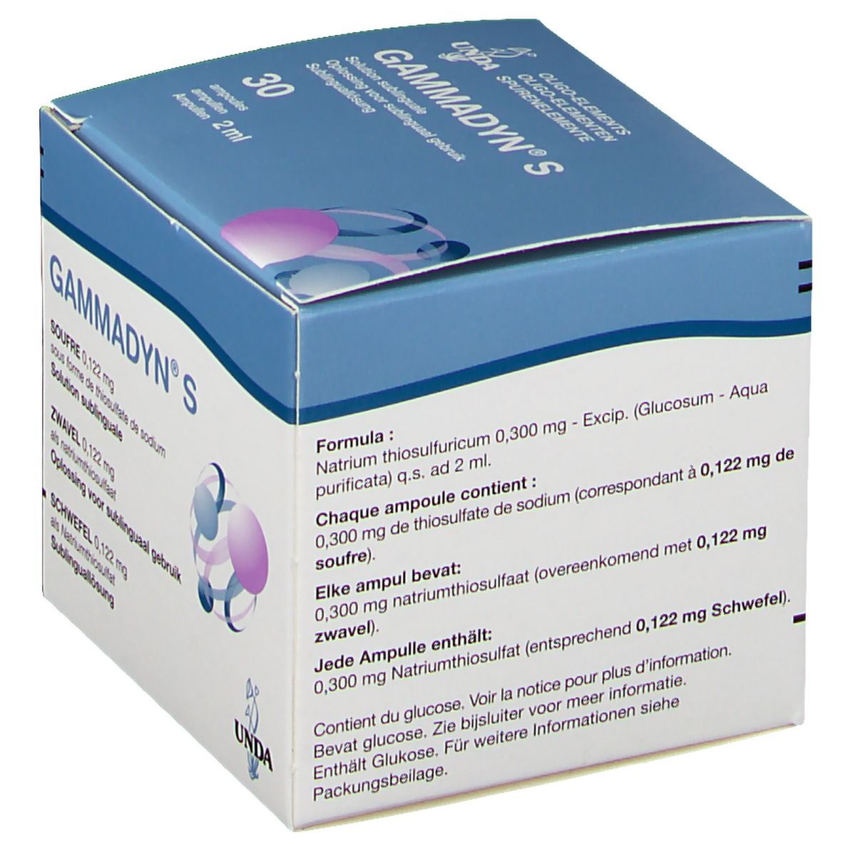 Boîte "Gammadyn S" avec informations produit. Contient 30 ampoules. Texte en allemand, français, néerlandais. Marque UNDA.