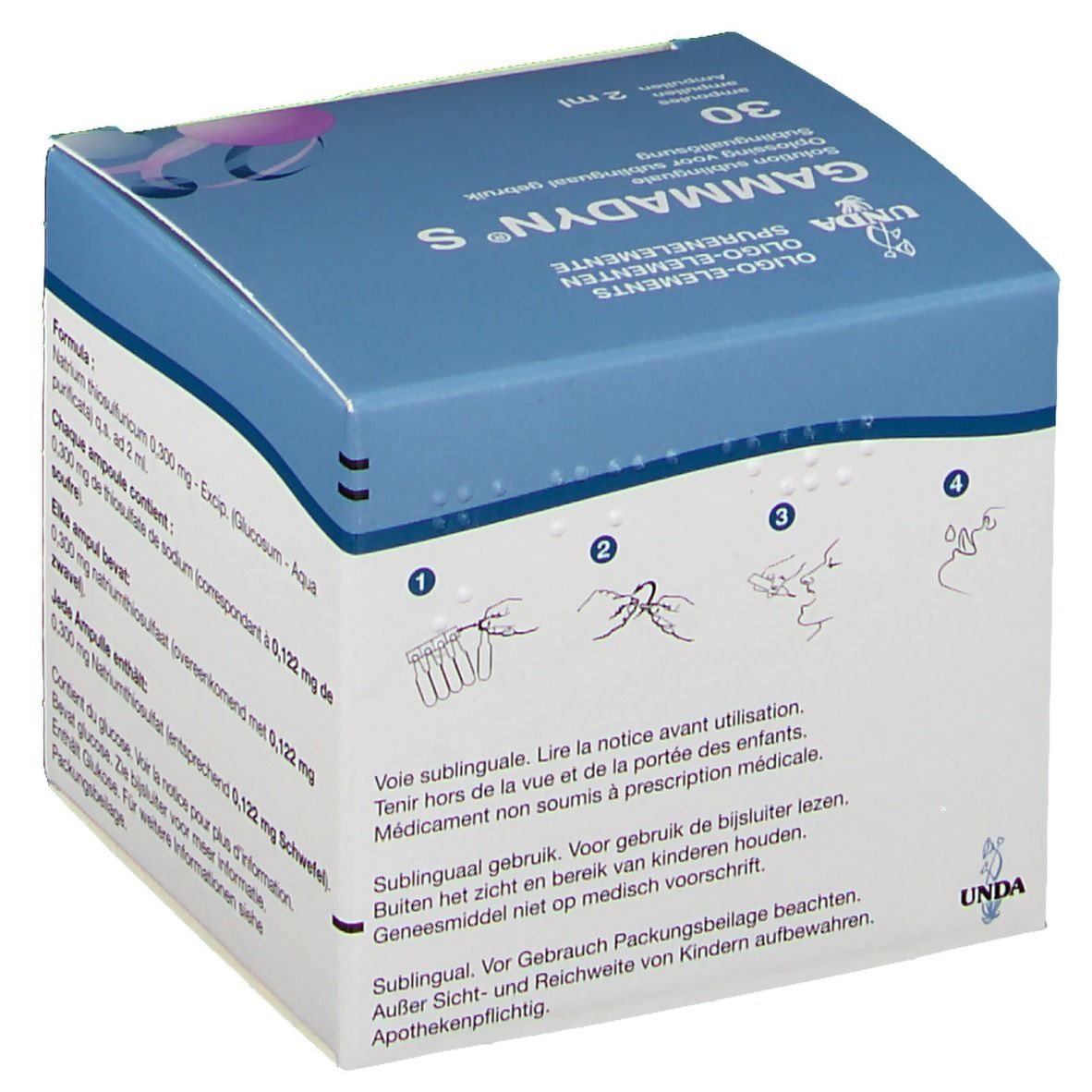 Boîte "Gammadyn S" avec instructions. Contient 30 ampoules. Pictogrammes illustrent l'utilisation. Marque UNDA.