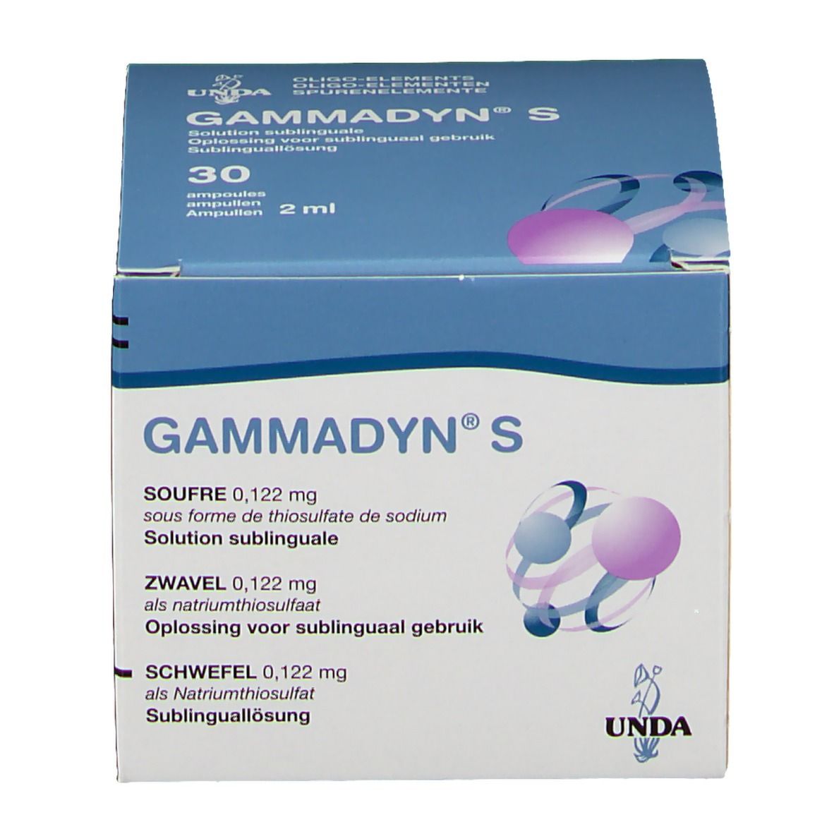 Boîte "Gammadyn S" avec informations produit. 30 ampoules, 2 ml. Emballage bleu et blanc. Marque UNDA.