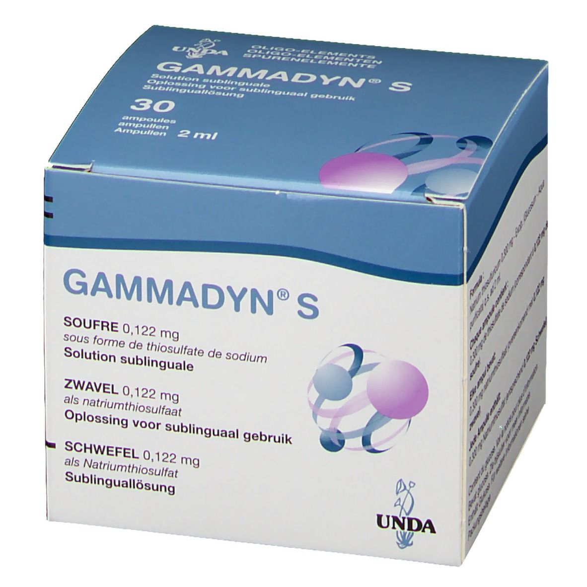 Boîte "Gammadyn S" avec informations produit. 30 ampoules, 2 ml. Emballage bleu et blanc. Marque UNDA.