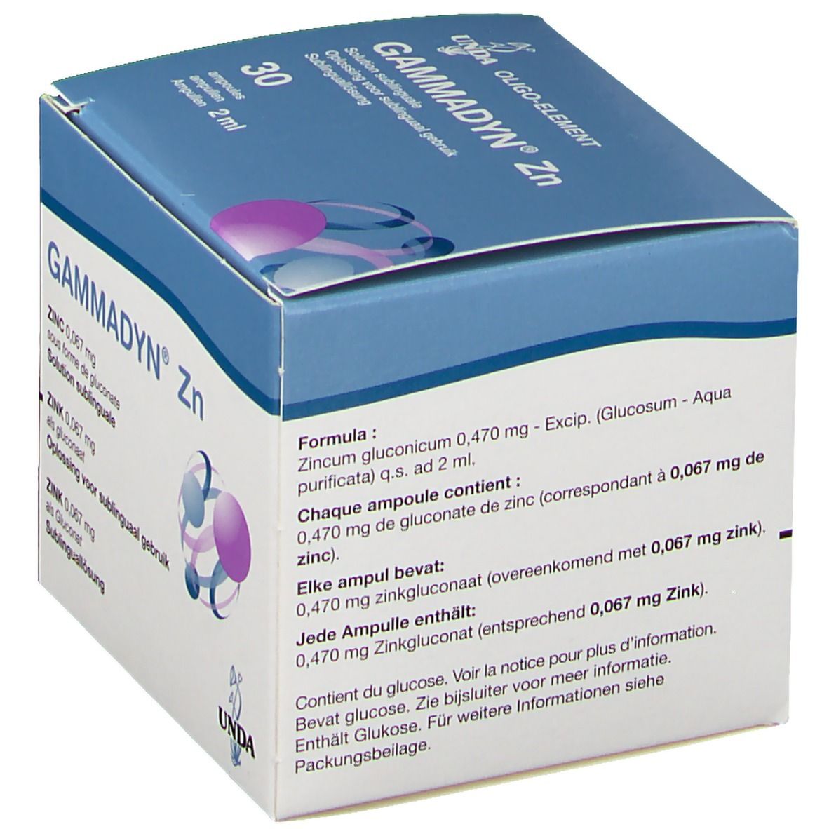 Boîte de "Gammadyn Zn". Emballage bleu et blanc. Contient 30 ampoules. Inscription: "Zinc gluconicum 0,470 mg".