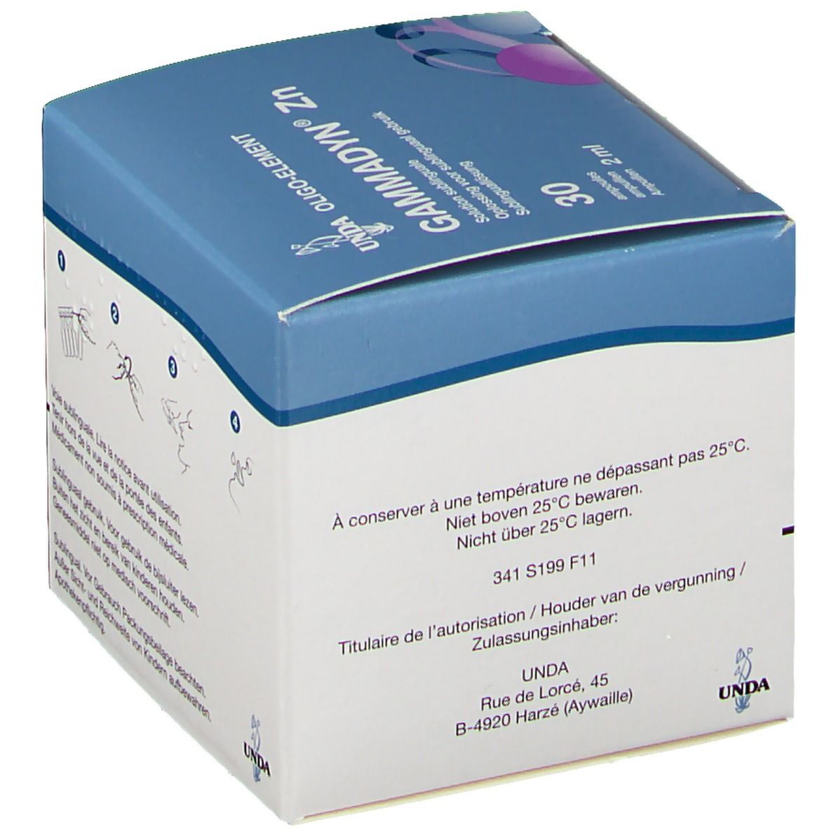 Boîte de "Gammadyn Zn". Emballage bleu et blanc. Contient 30 ampoules. Adresse et consignes de stockage sur l'emballage.