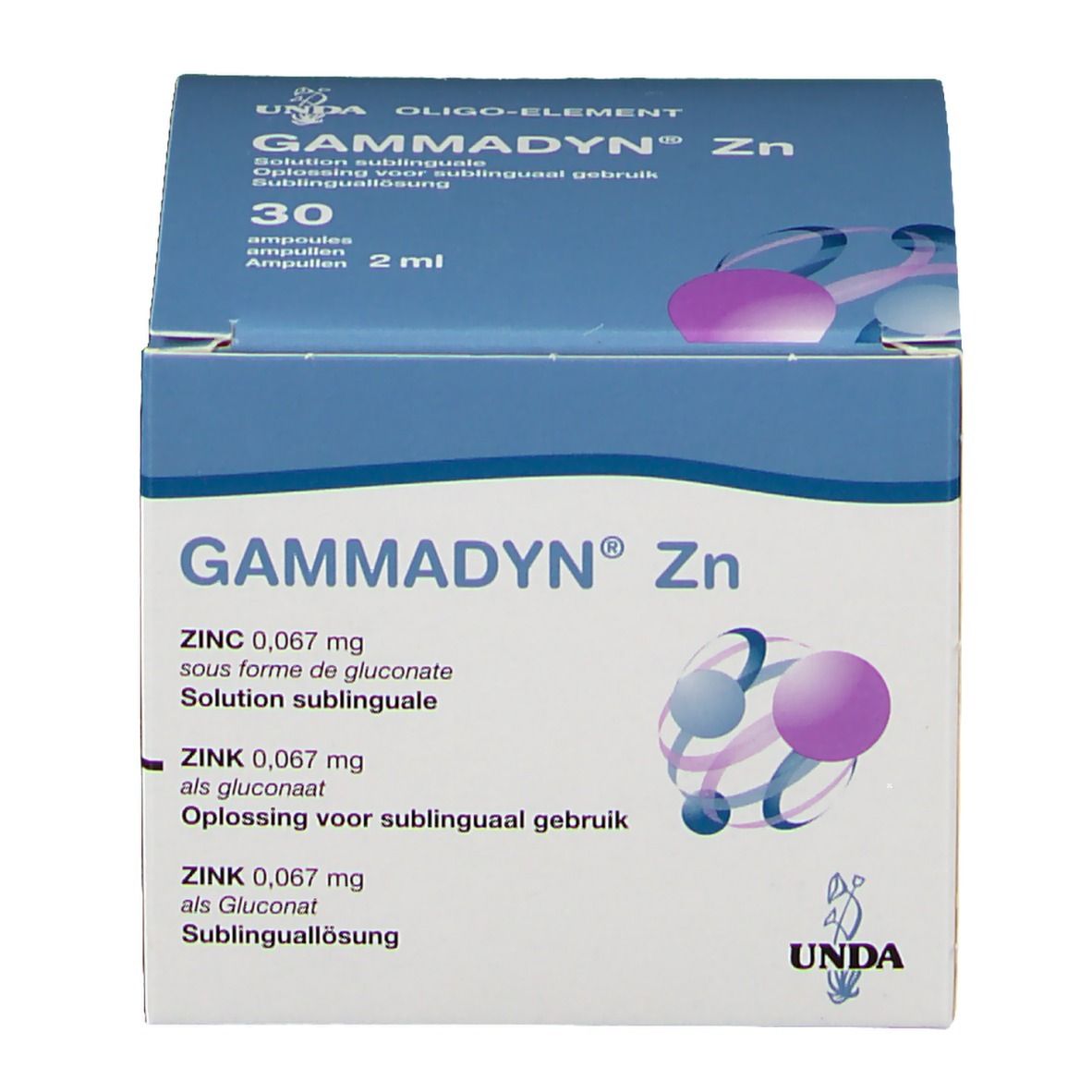 Boîte de "Gammadyn Zn". Emballage bleu et blanc. Contient 30 ampoules. "Zinc 0,067 mg" et "Solution sublinguale" visibles.