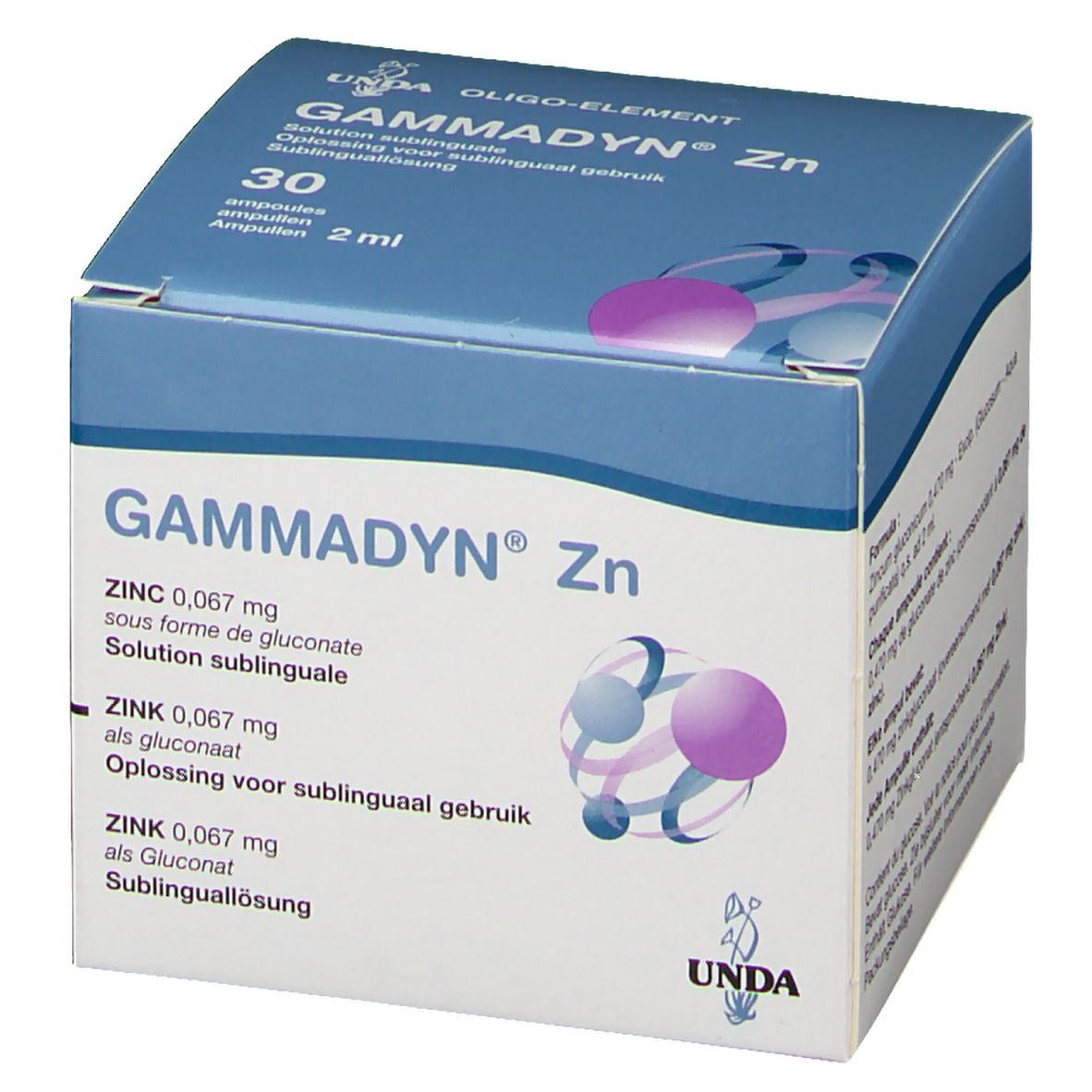 Boîte de "Gammadyn Zn". Emballage bleu et blanc. Contient 30 ampoules. "Zinc 0,067 mg" et "Solution sublinguale" visibles.