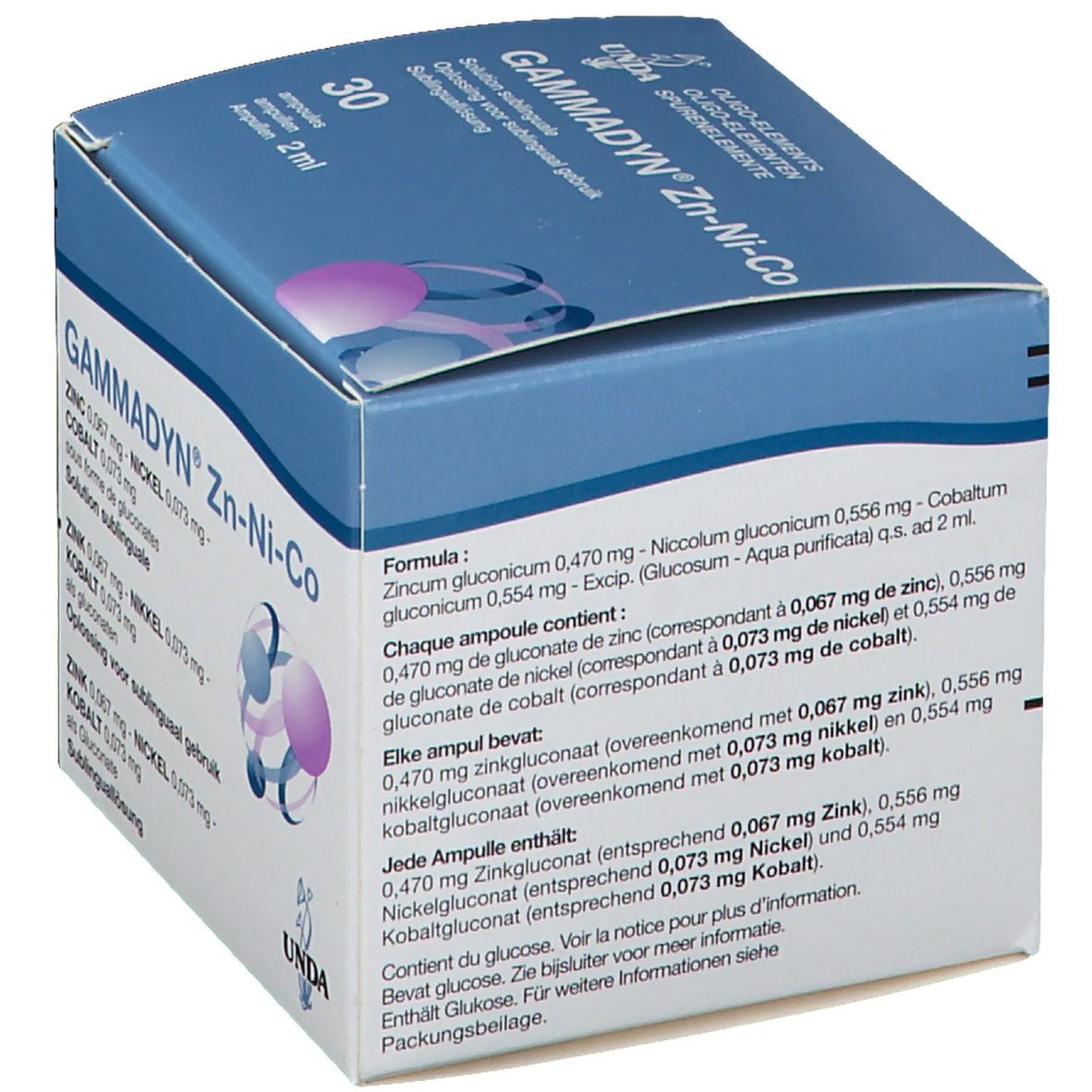 Boîte bleue et blanche avec informations et ingrédients. Marque: UNDA. Contient 30 ampoules.