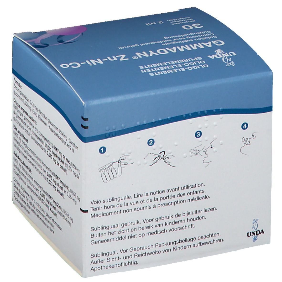 Boîte bleue et blanche avec instructions et avertissements. Marque: UNDA. 30 ampoules.