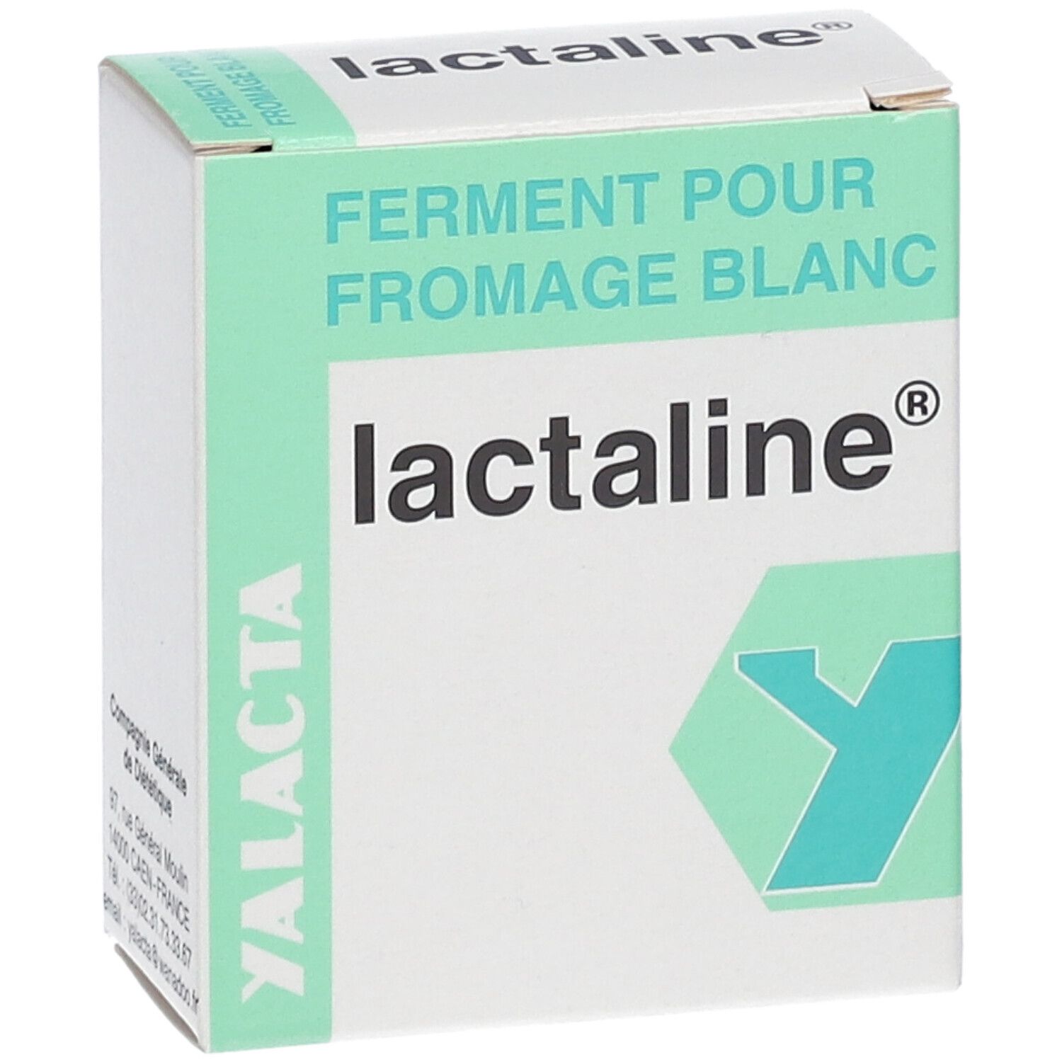 Boîte YALACTA lactaline®. Inscription: FERMENT POUR FROMAGE BLANC. Logo: Y vert. Texte: lactaline®.