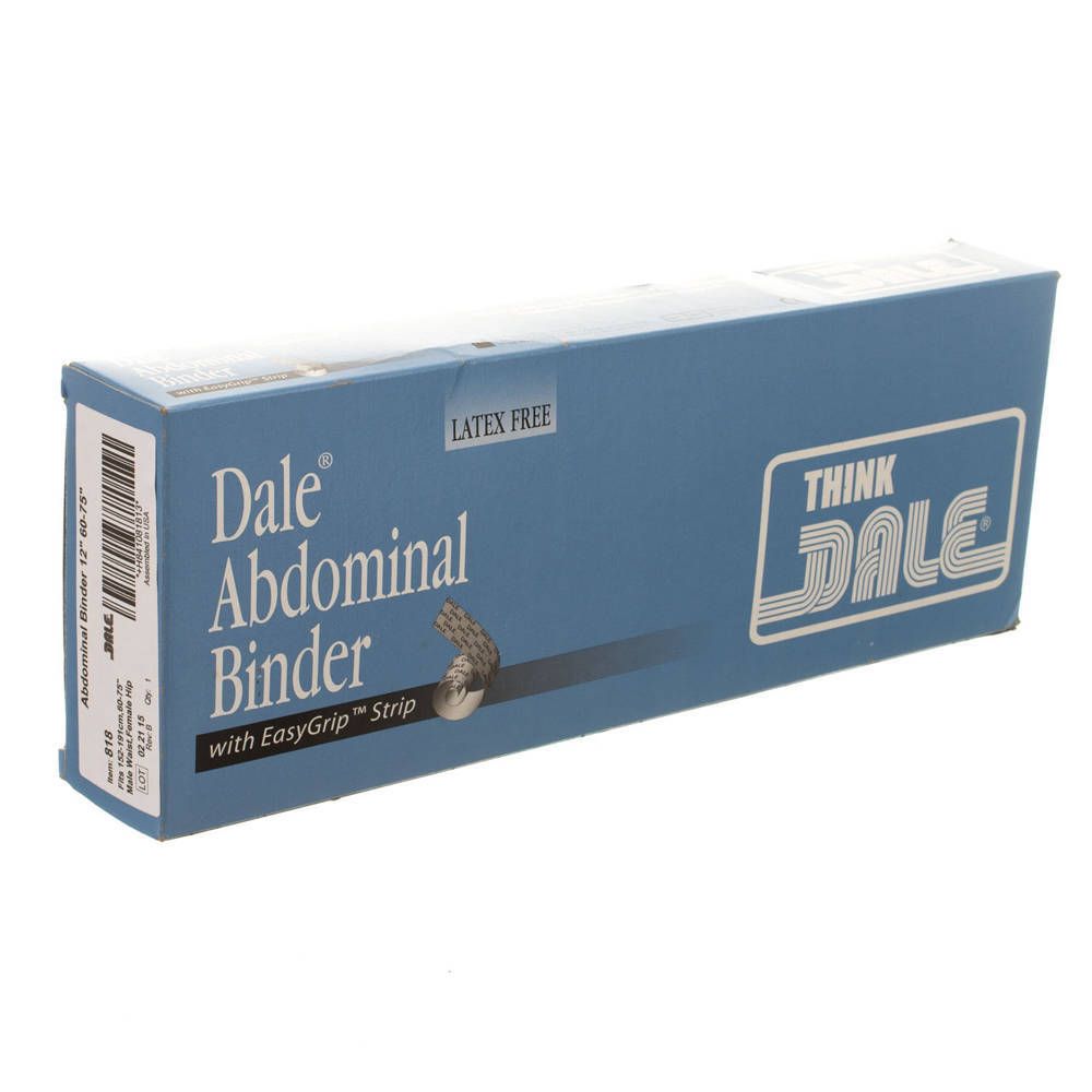 Boîte bleue 'Dale Abdominal Binder'. Contient une bande abdominale avec bande EasyGrip. Indication 'Latex Free'.