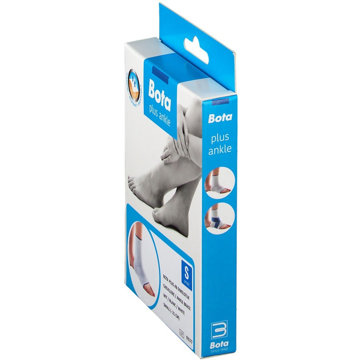 Boîte de l'attelle de cheville BOTA PLUS AB. Vue latérale. Nom du produit, taille S et illustrations de jambes visibles.