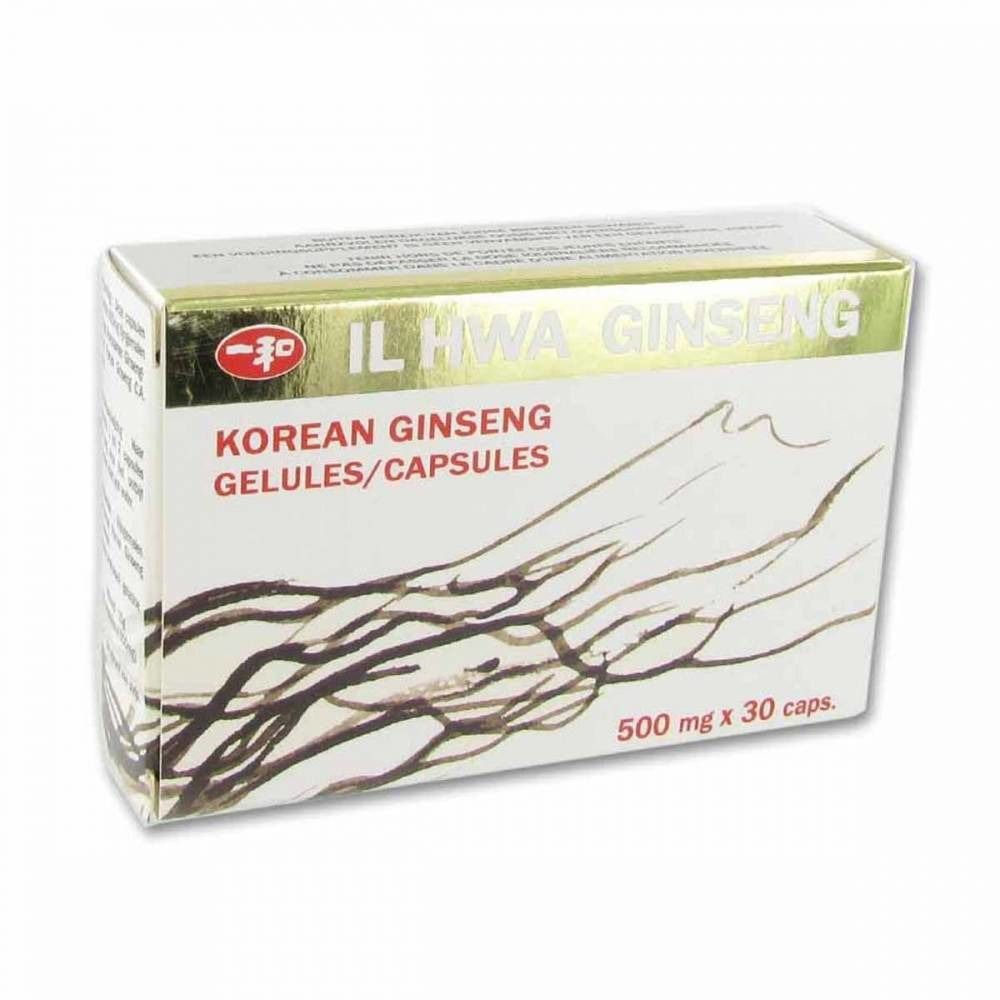 Kartonnen doosje met "IL HWA GINSENG". Bevat capsules. Opschrift "Korean Ginseng Gelules/Capsules". 500 mg x 30 caps.