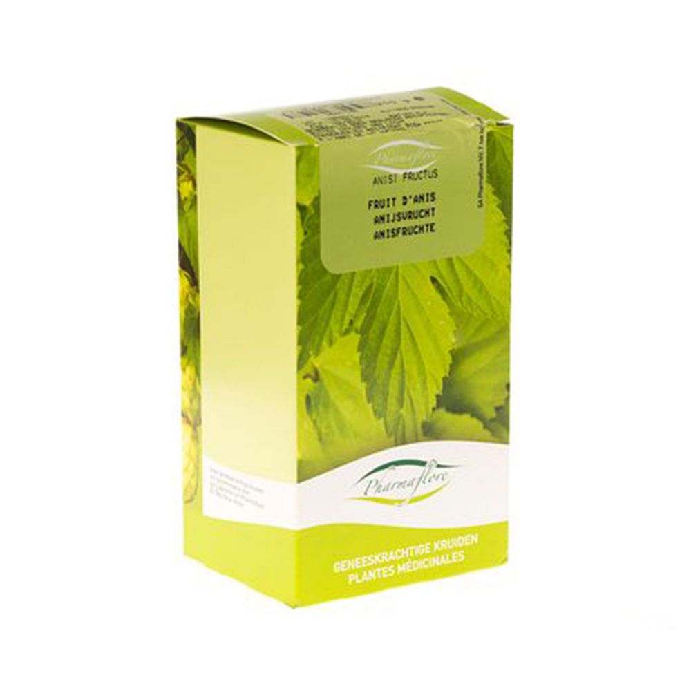 Groene doos met productnaam en bladeren. Merk Pharmaflore. Opschrift: Geneeskrachtige kruiden.