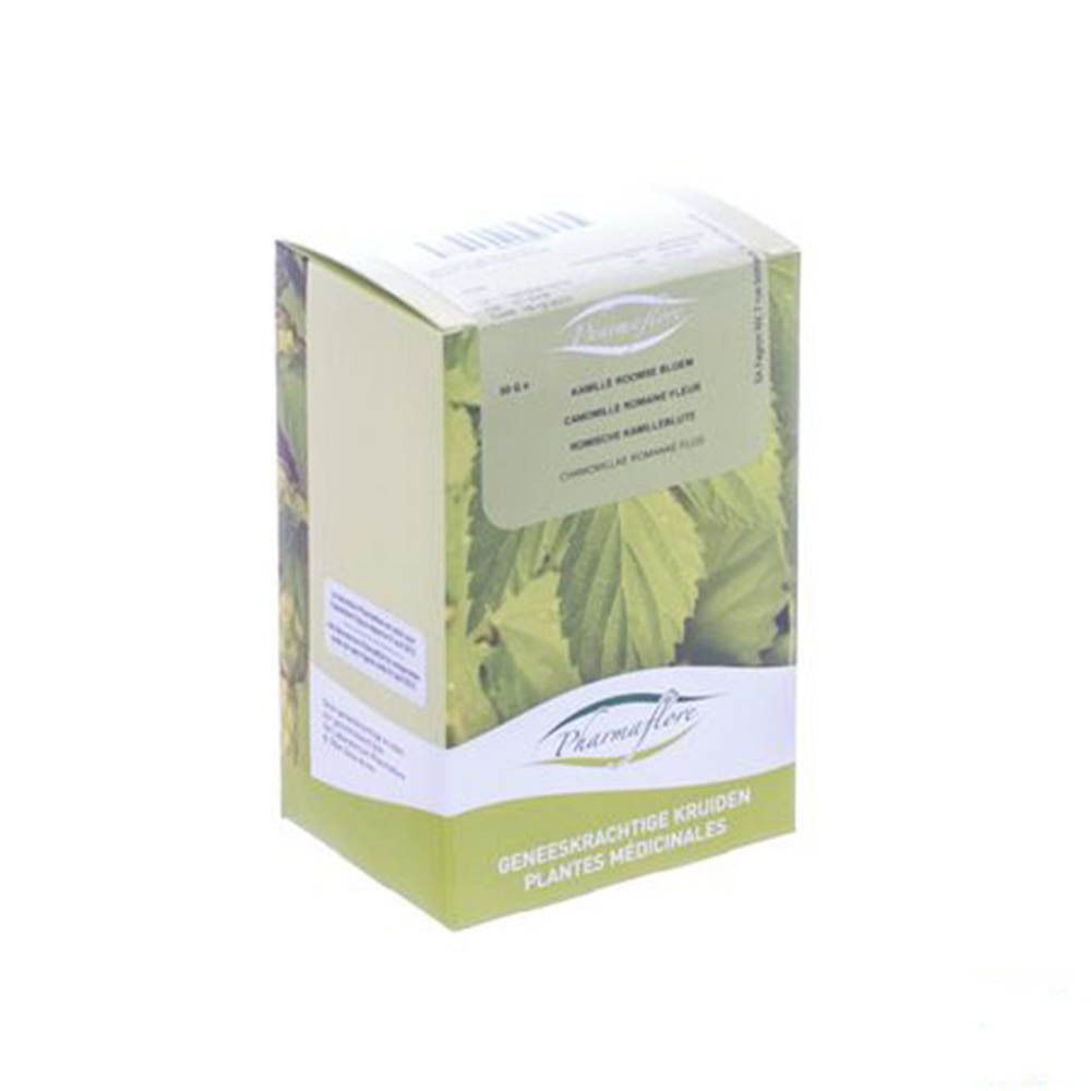 Doos Pharmaflore Fleur de Camomille Romaine. Groen-wit, met productnaam en logo.