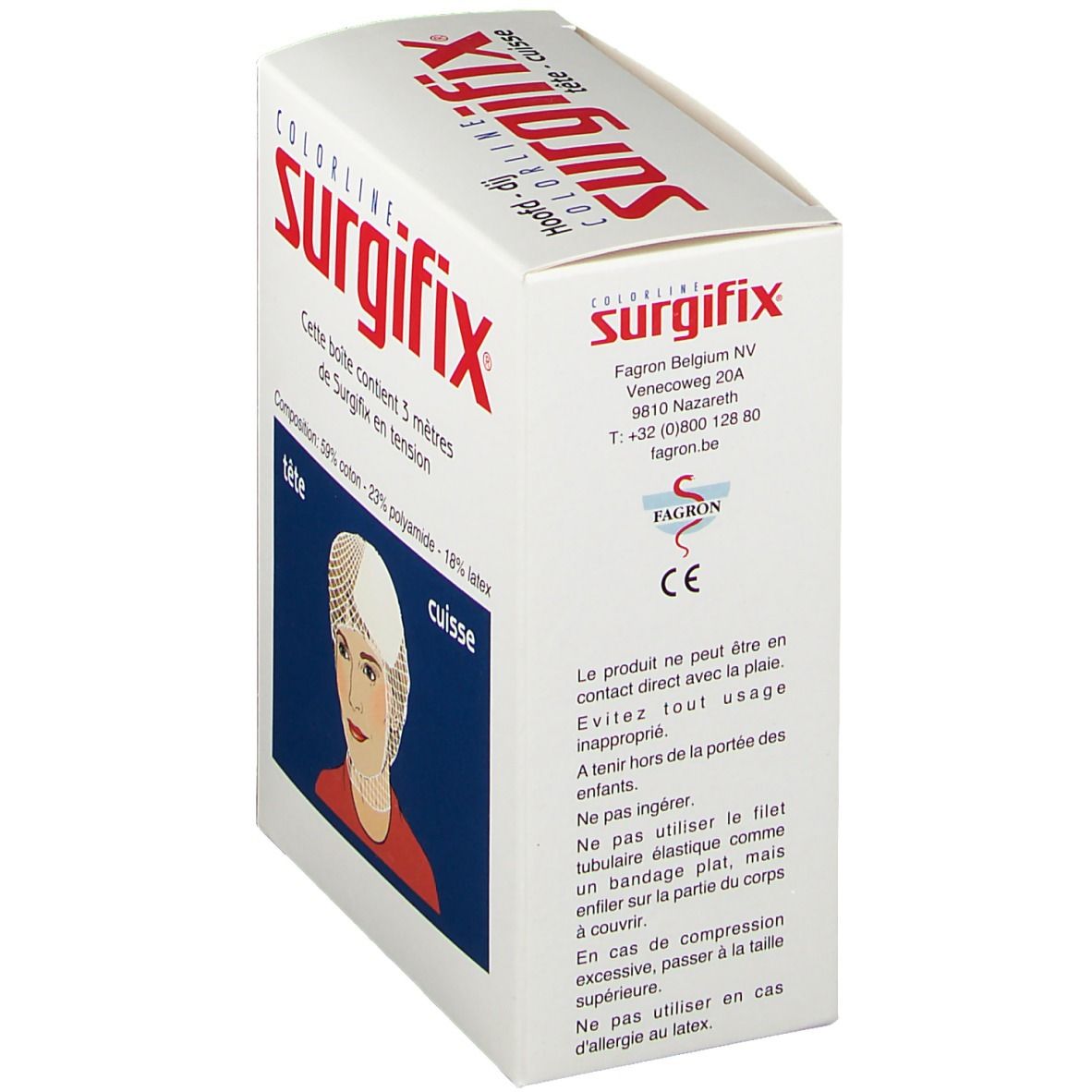Boîte de Surgifix en biais. Carton blanc avec texte rouge. Contient 5 mètres de Surgifix. Marquage CE.