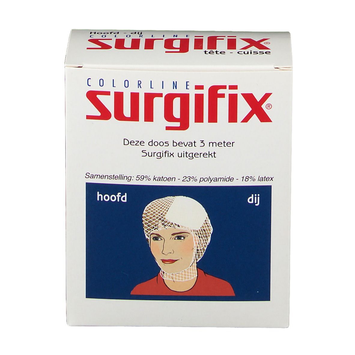 Boîte de Surgifix. Carton blanc avec texte rouge. Contient 3 mètres de Surgifix. Illustration d'une femme avec un filet Surgifix.