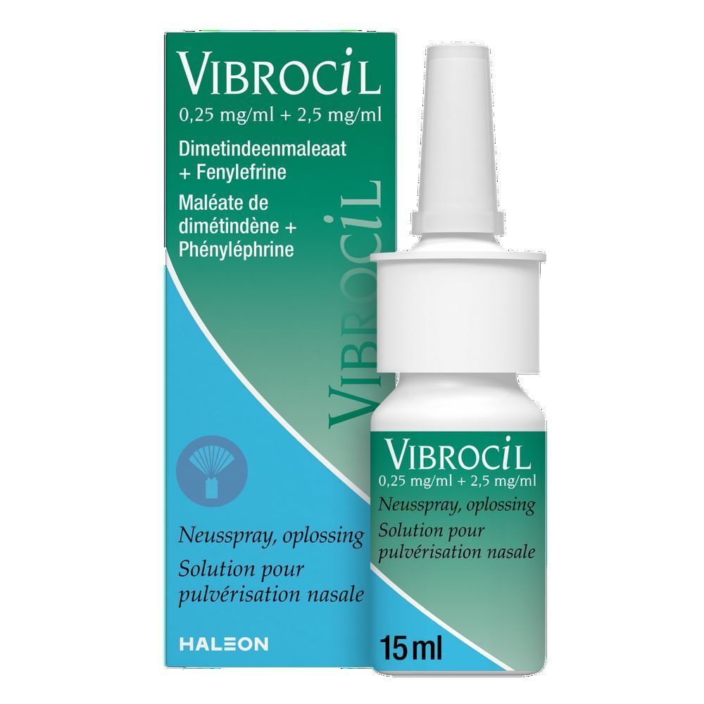Boîte et flacon de spray nasal Vibrocil. Boîte verte et blanche avec nom du produit. Flacon blanc avec embout.