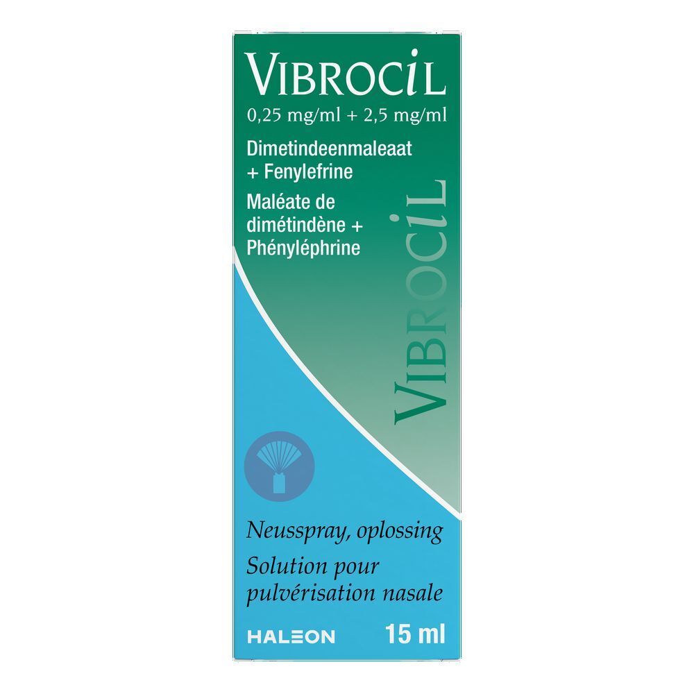 Boîte verte et blanche de spray nasal Vibrocil. Nom du produit et ingrédients sur la boîte.