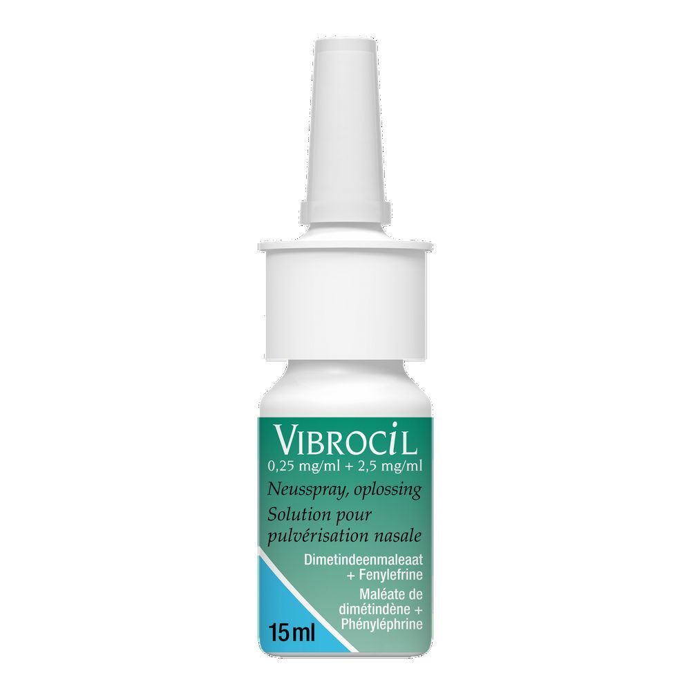 Witte neussprayfles met sproeikop. Opschrift Vibrocil, 15 ml. Blauw-wit etiket.