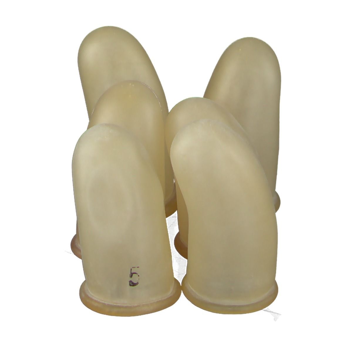 Zes beige rubberen vingertoppen. Elk heeft een ronde basis en een afgeronde punt. Het cijfer 5 is zichtbaar op één.