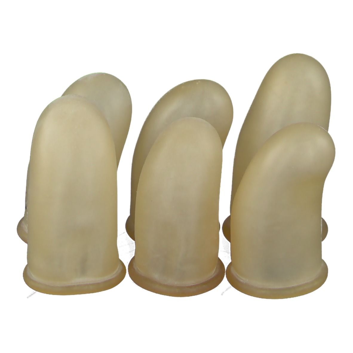 Zes beige rubberen vingertoppen. Elk heeft een ronde basis en een afgeronde punt. Het cijfer 5 is zichtbaar op één.
