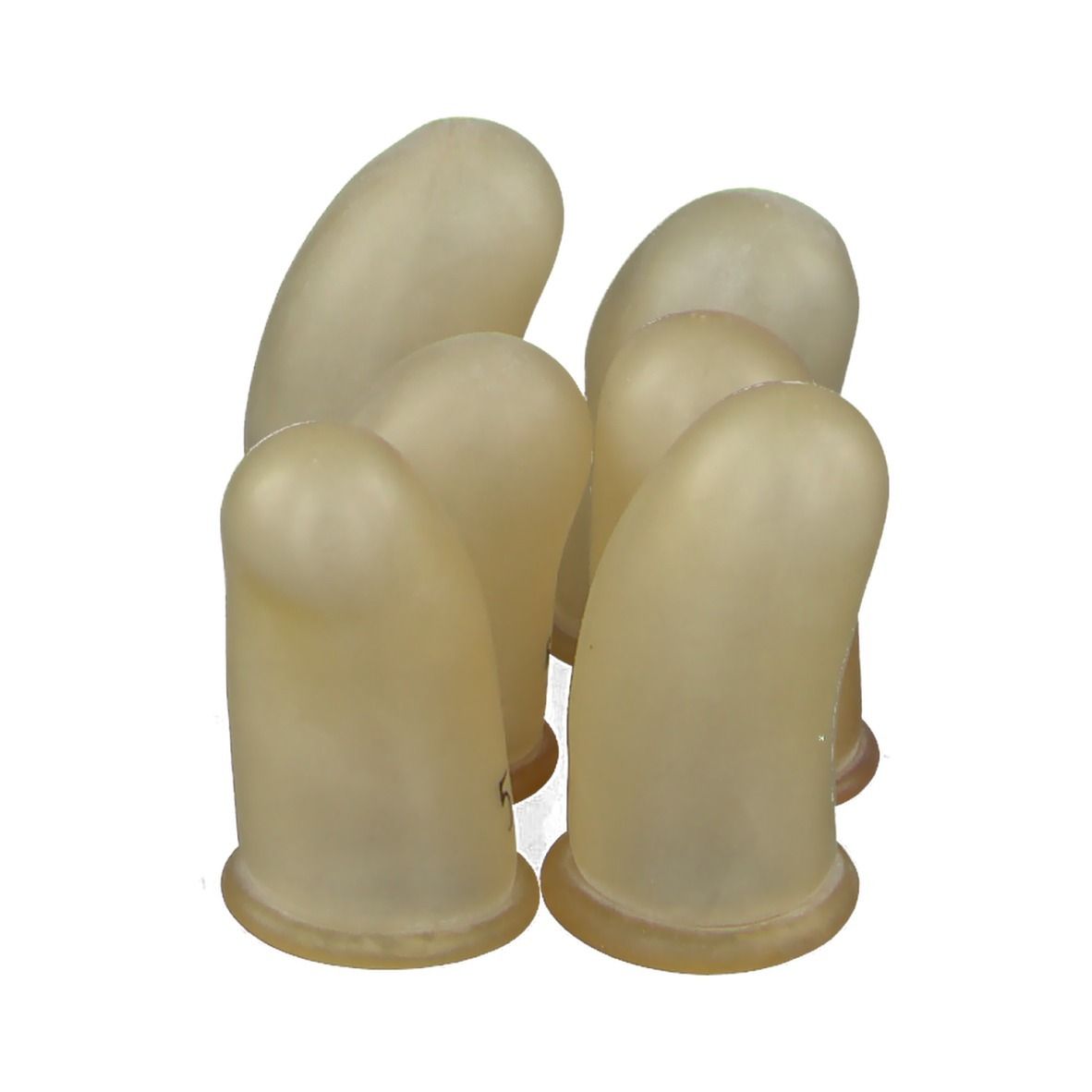 Zes beige rubberen vingertoppen. Elk heeft een ronde basis en een afgeronde punt. Het cijfer 5 is zichtbaar op één.