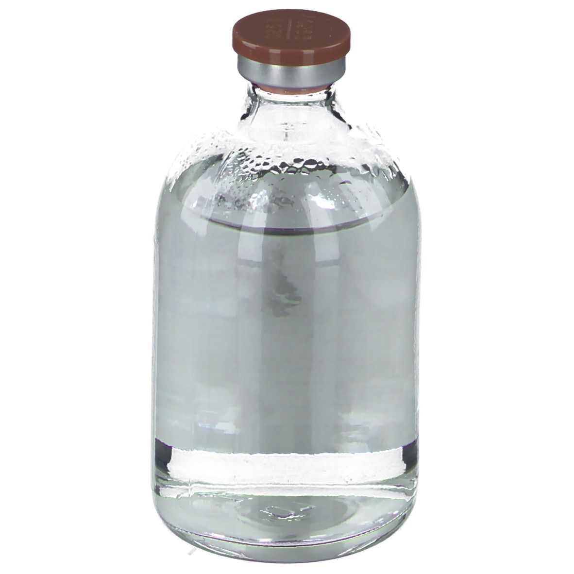 Glazen fles met vloeistof. Bruine sluiting. Geen verdere zichtbare informatie.