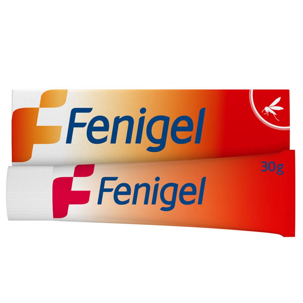 Tube en doos met "Fenigel". Oranje-wit ontwerp. 30g-aanduiding op de tube.
