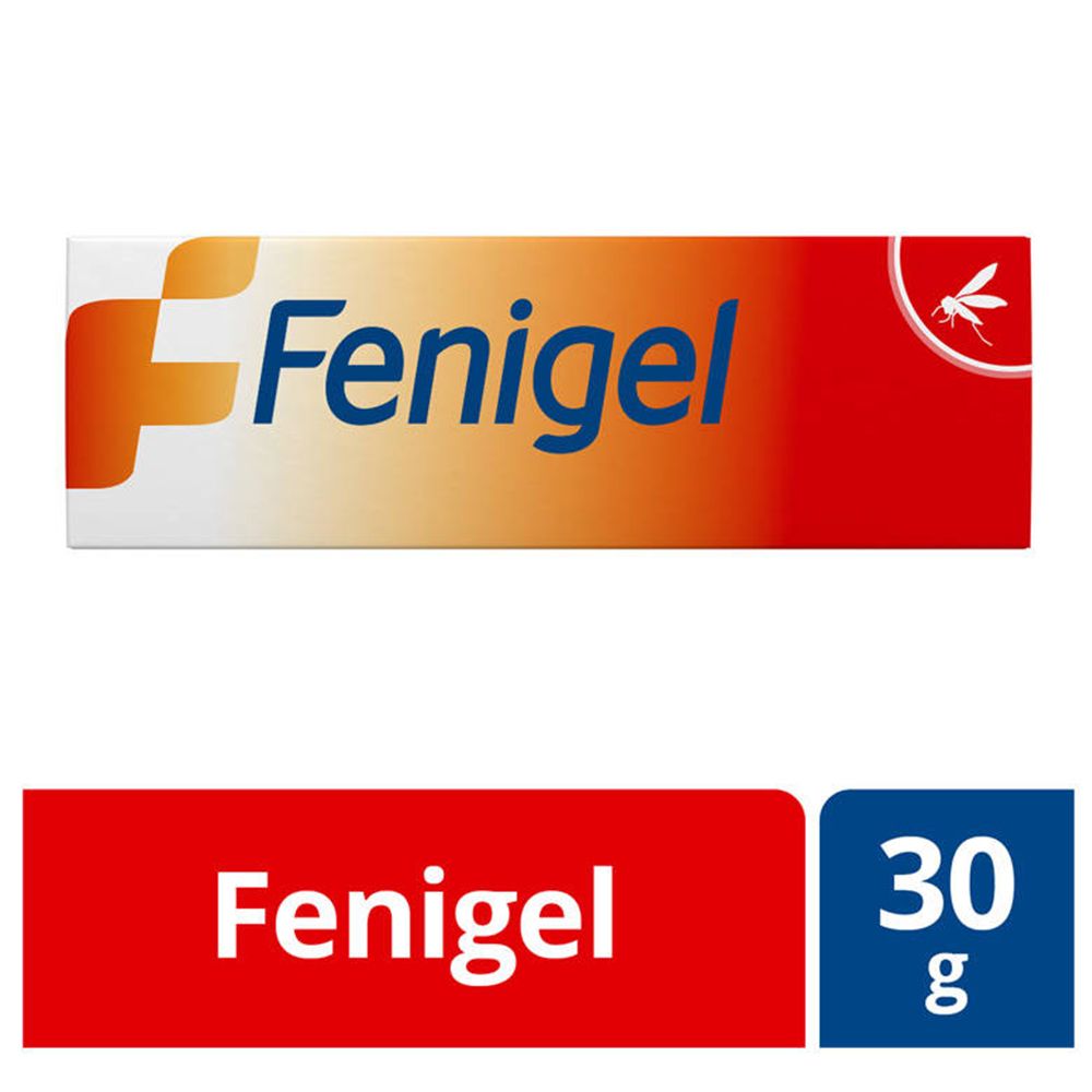 Doos met "Fenigel". Oranje-wit ontwerp. 30g-aanduiding. Muggen symbool.