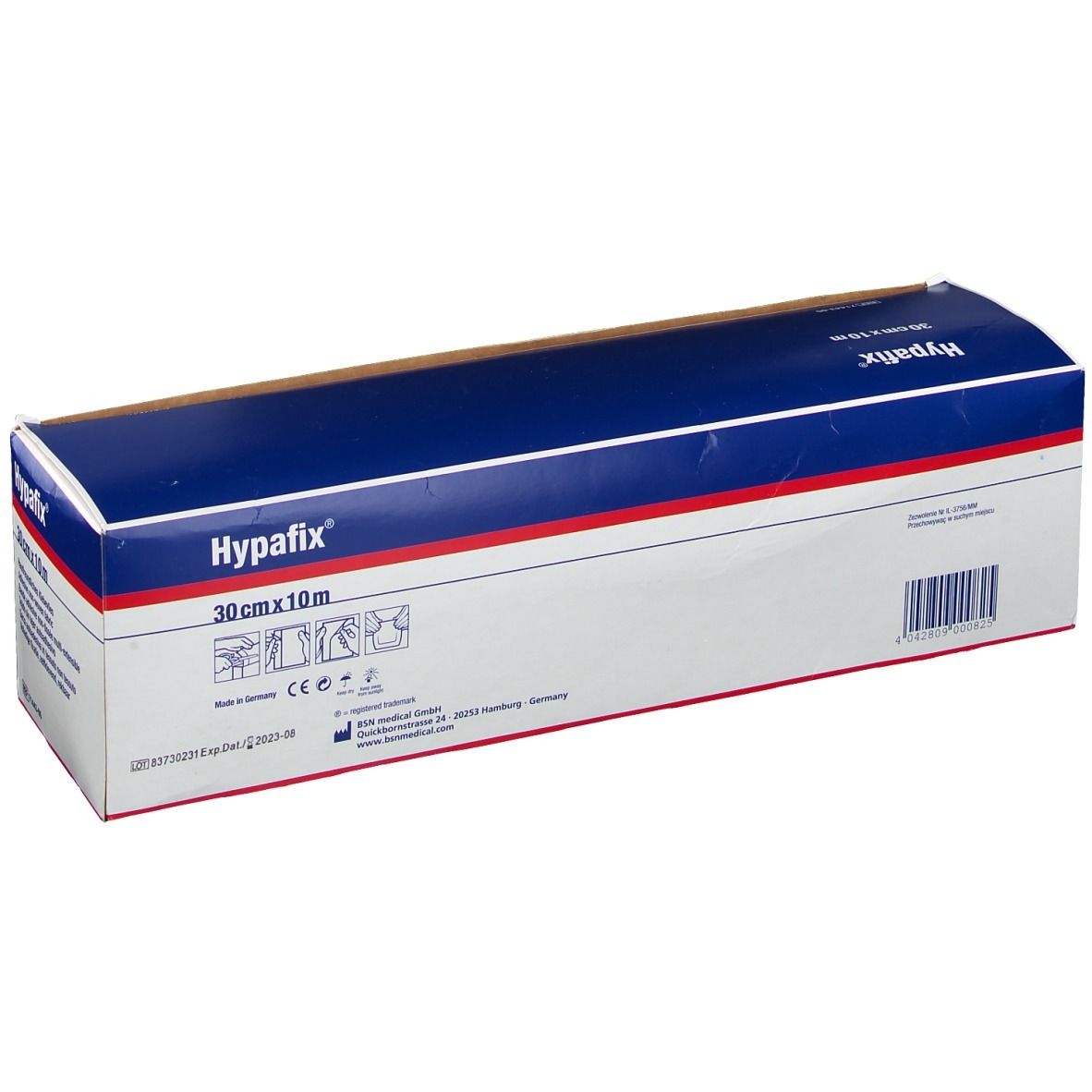 Emballage carton de Hypafix, 30 cm x 10 m. Dos avec informations produit et code-barres. Design bleu et blanc.