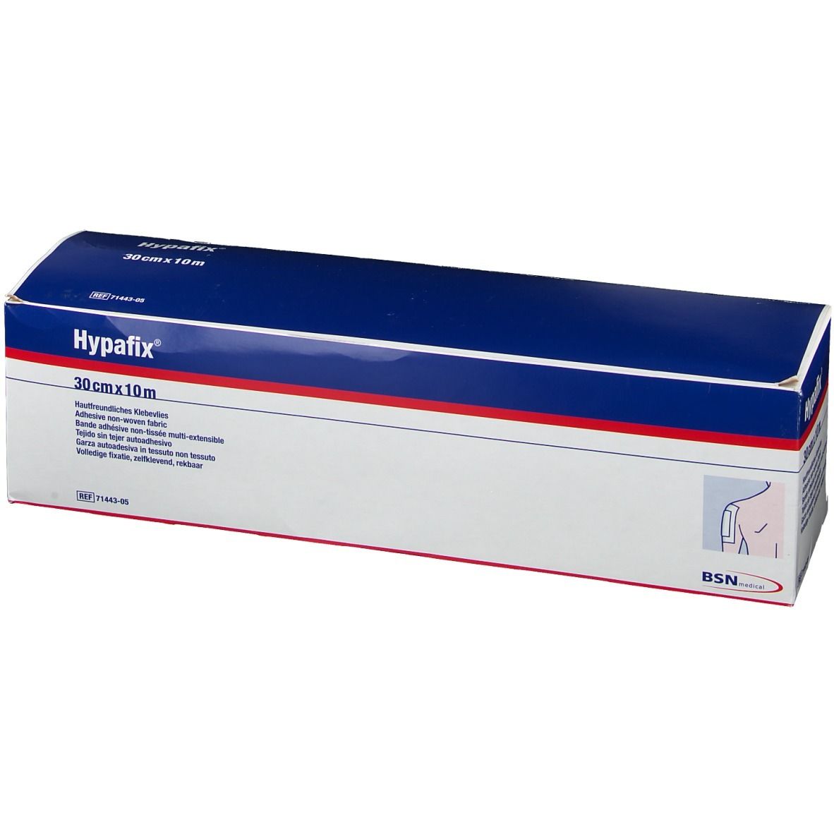 Emballage carton de Hypafix, 30 cm x 10 m. Design bleu et blanc avec nom et taille du produit. Logo BSN.