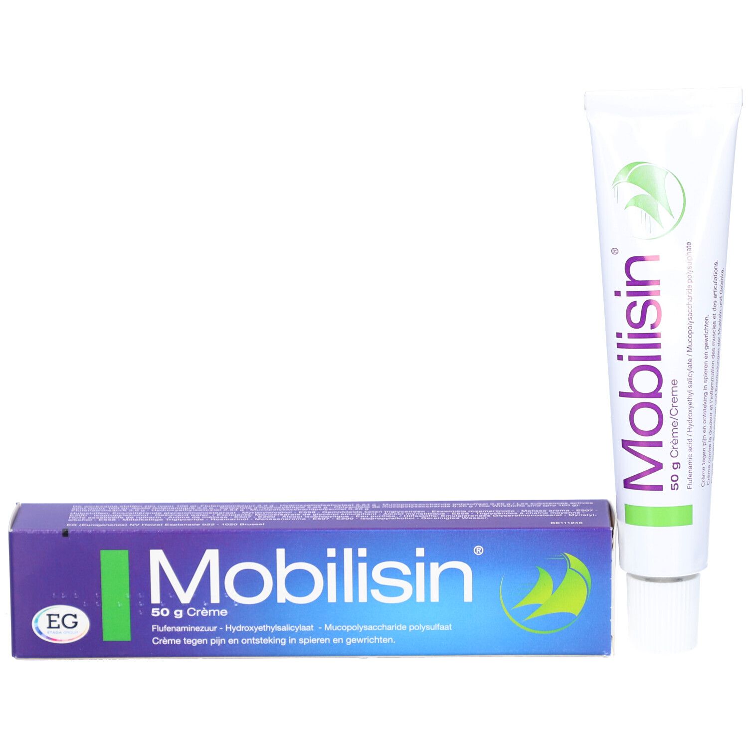 Tube et boîte de crème Mobilisin. Tube blanc avec logo vert. Boîte violette avec texte blanc et bande verte.