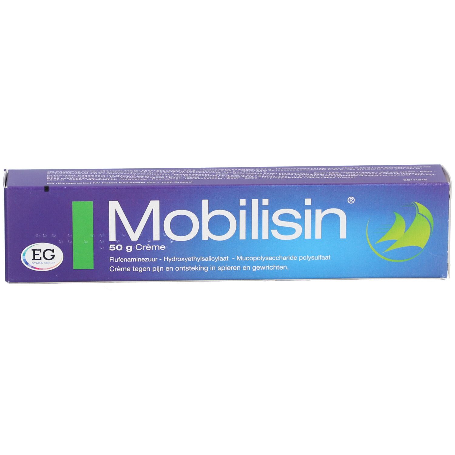 Boîte de crème Mobilisin. Boîte violette avec texte blanc et bande verte. Contient 50 g de crème.