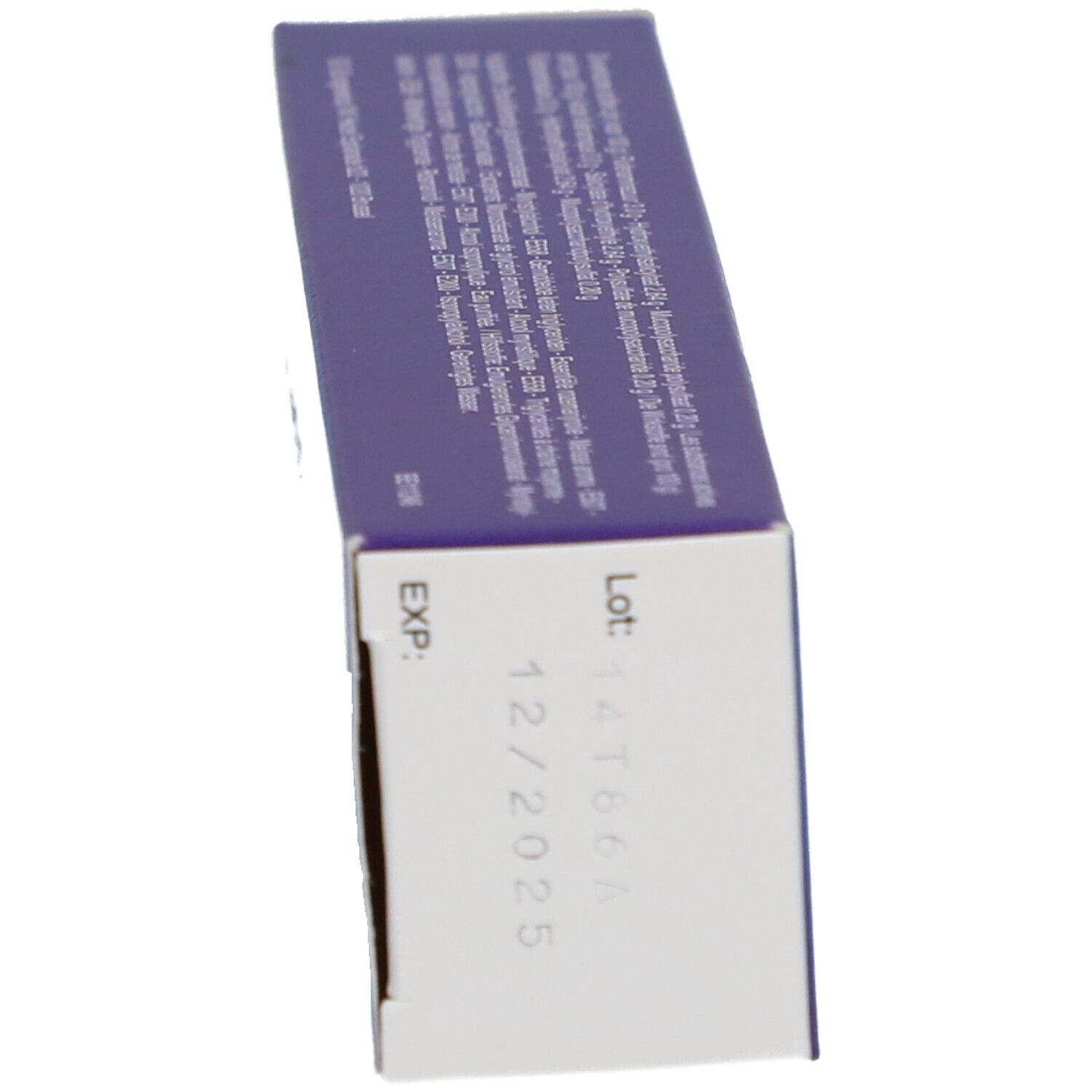 Vue latérale de la boîte de crème Mobilisin. Boîte violette avec texte et autocollant orange.