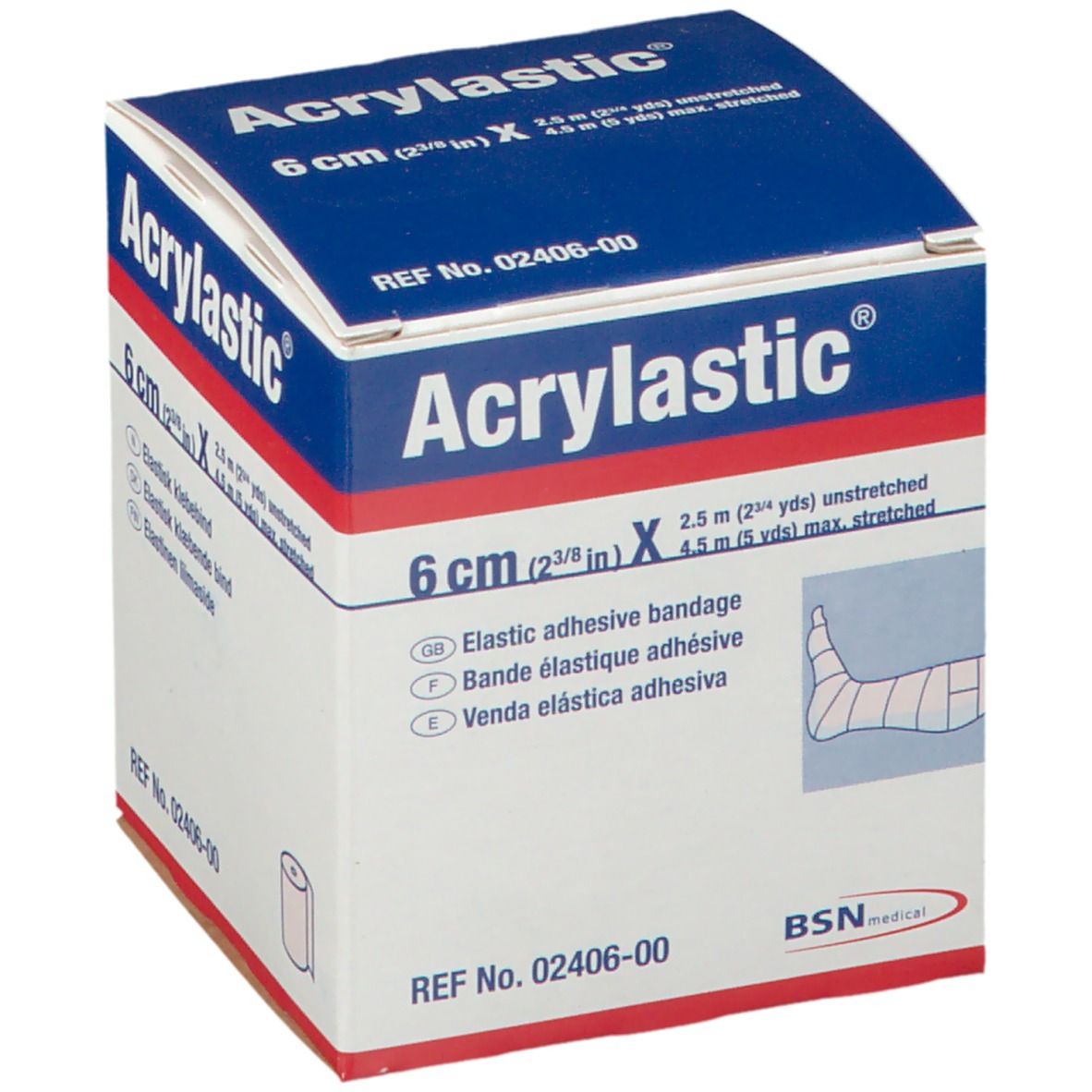 Acrylastic doos. 6 cm elastisch zelfklevend verband. Blauw-witte verpakking. Bevat een rol. BSN medical.