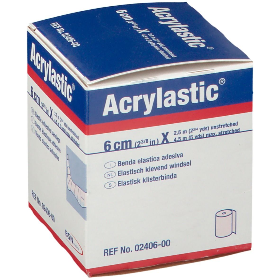 Acrylastic doos. 6 cm elastisch zelfklevend verband. Blauw-witte verpakking. Bevat een rol. BSN medical.