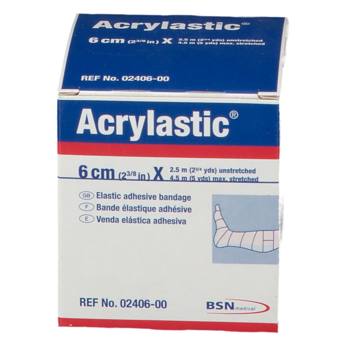Acrylastic doos. 6 cm elastisch zelfklevend verband. Blauw-witte verpakking. Bevat een rol. BSN medical.