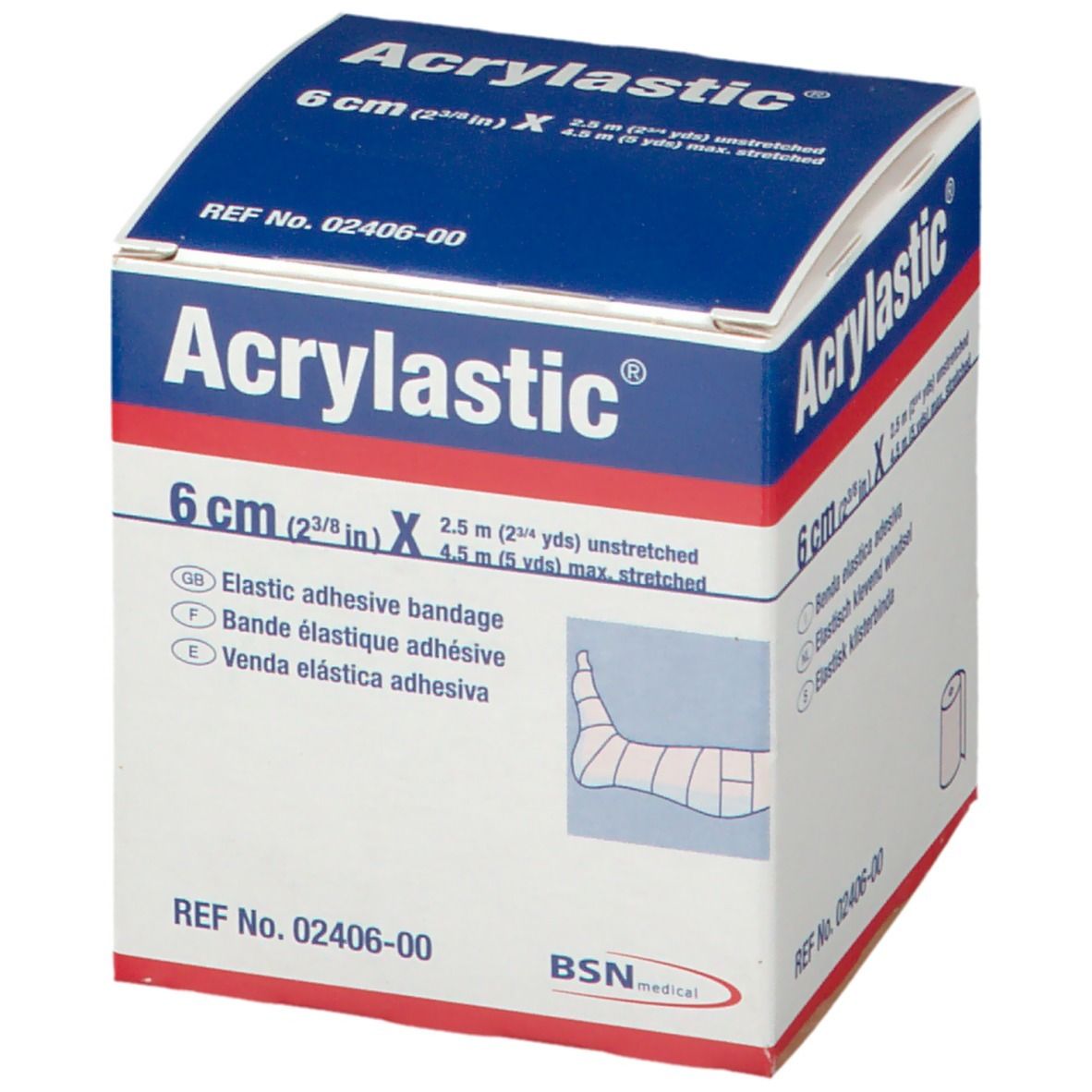 Acrylastic doos. 6 cm elastisch zelfklevend verband. Blauw-witte verpakking. Bevat een rol. BSN medical.