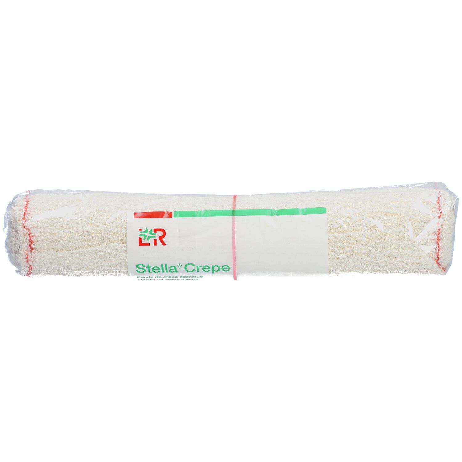 Opgerolde bandage in folie. Opschrift: Stella Crepe. Groen-rode streep.