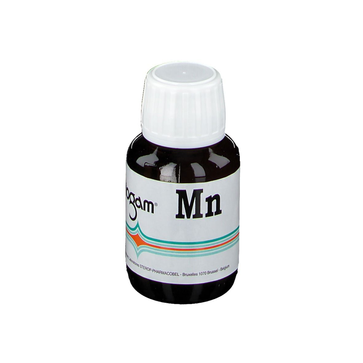 Flacon en verre brun avec bouchon blanc. Inscription "Biogam Mn".