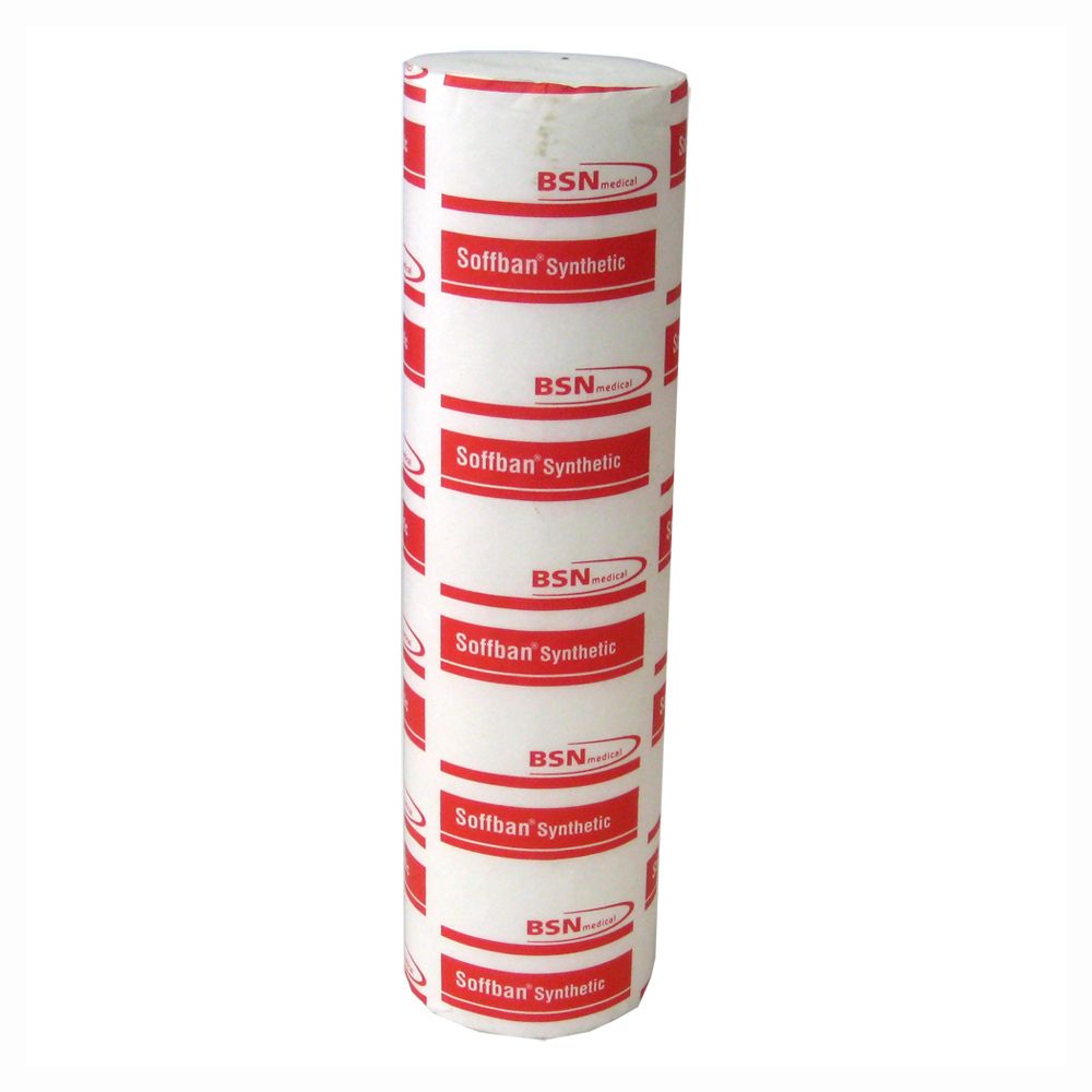Cilindrische rol witte wattering met rode strepen. Opschrift: Soffban Synthetic en BSN medical.