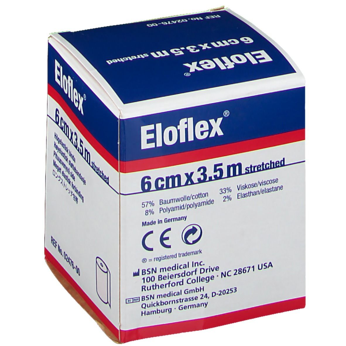 Boîte Eloflex, 6 cm x 3,5 m étiré. Composition: coton, viscose, polyamide, élasthanne. BSN medical. Marquage CE.