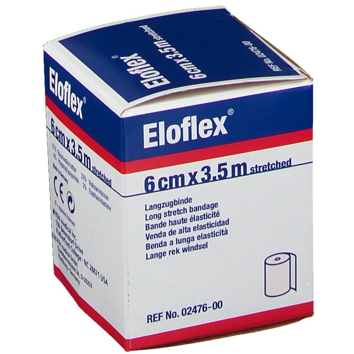 Boîte Eloflex, 6 cm x 3,5 m étiré. Bande de maintien élastique. BSN medical. Réf. 02476-00. Marquage CE. Illustration d'application.