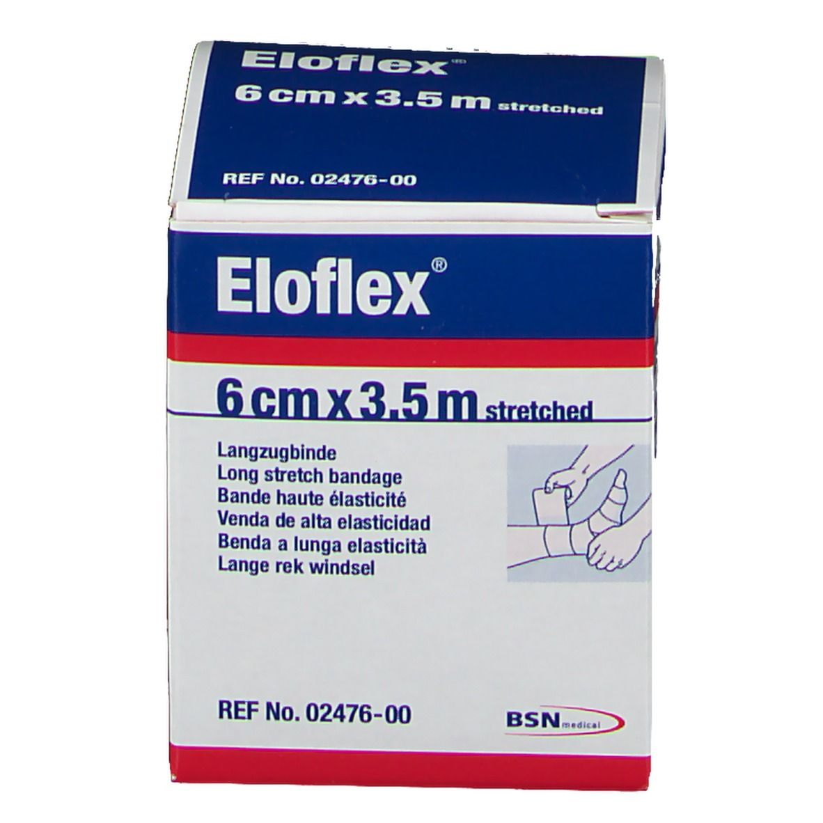Boîte Eloflex, 6 cm x 3,5 m étiré. Bande de maintien élastique. BSN medical. Réf. 02476-00. Illustration d'application.