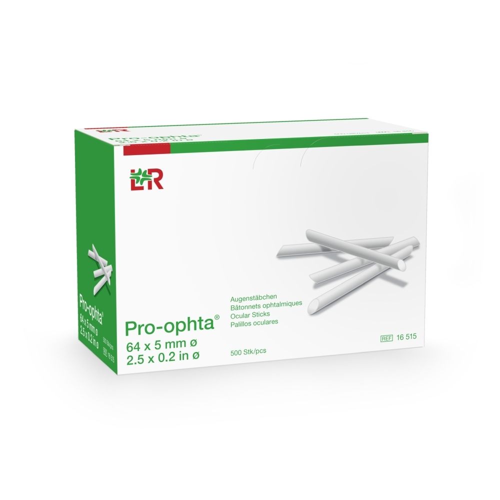 Verpakking met "Pro-ophta" oogstaafjes, 64 x 5 mm, 500 stuks.